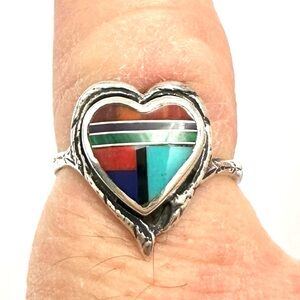 925 Sterling Silver Mixed Gemstone Inlay Heart Ring Size 8.5